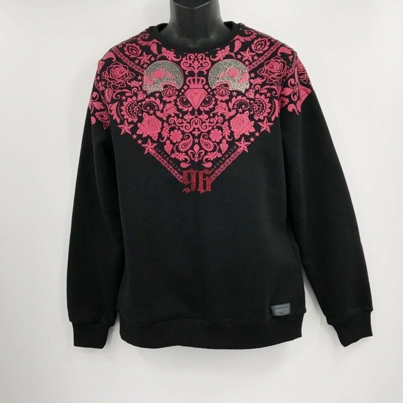 NEW AfterMath Men's Size Large Black & Red Studded Skull Paisley Sweatshirt - Picture 1 of 10